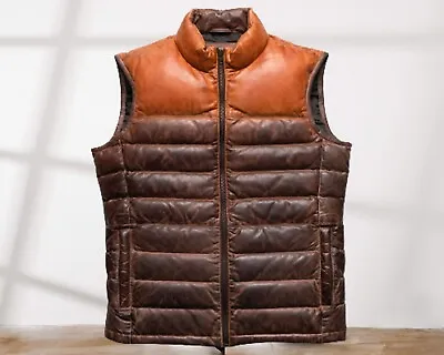 Men's Puffer Vest Real Lambskin Leather Quilted Padded Vest Dual Color • $99