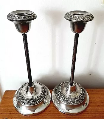 Pair Vintage Candle Sticks-Signed SILVER PLATED-IANTHE-ENGLAND.H-23.5cmW-650g • £14.50