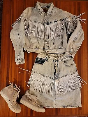 Paris Express Look Acid Denim Jean Jacket Skirt Converse Shoes 8 L 14 Fringe • $49.99