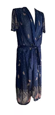 Zandra Rhodes Sz L 1970's - 1980's Navy Printed Silk Belted Smock & Pearl Dress • $498.87