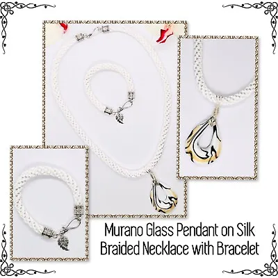 2 Piece Set Murano Lampwork Glass Pendant & White Braid Necklace & Bracelet NEW • £18.95