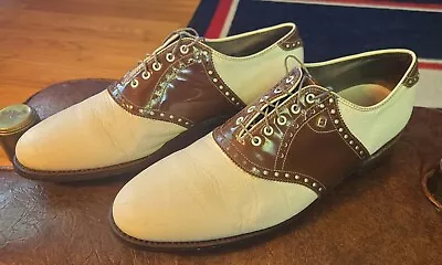 Vintage Footjoy Classics Leather White Patent Brown Saddle Style 10.5D 1985 • $124.99