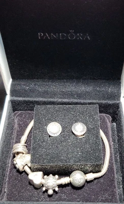 $125 • Buy Pandora 18cm Bracelet With 4 Charms And Pandora Earrings