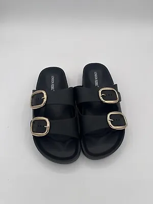 London Rebel Womens  Double Buckle Footbed Black Slide Sandals Size 5.5 • £25.06