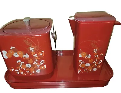 Vintage Japanese Ice Cooler And Pitcher Set Plastic Orangey Red W/Flower Design • $33.75