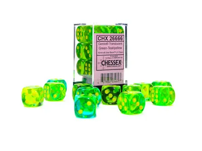 Chessex Gemini Translucent Green With Teal/Yellow 12 Dice Set - 6 Sided 16mm D6 • $10.95