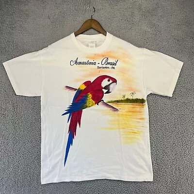 Vintage Amazonia Brasil Shirt Mens Large White Colorful Airbrush Parrot Bird 90s • $4.97