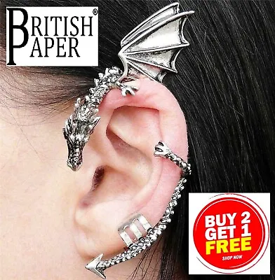 New Dragon Ear Cuff Silver Gold Fake Earring Clip On Punk Stud Wrap Snake Gothic • £2.99