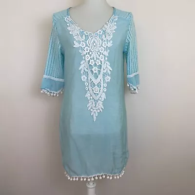 Embroidered Swim Tunic Cover Up Size Small Baby Blue White Fringe • $16.99