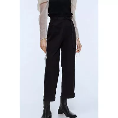 ZARA Women's Sz XS Black High Rise Belted Wide Leg Paperbag Twill Trousers Pants • $29.99