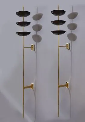 Stilnovo Large Pair Of Three-bowl Sconces In Brass And Enamel Italy 1950s • $2011.24