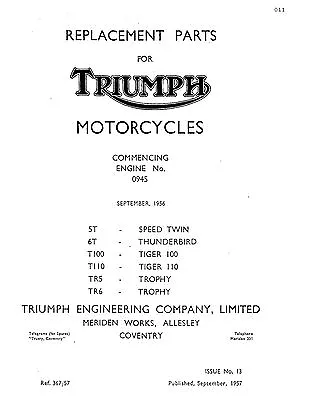 Triumph Parts Manual Book 1957 5T SPEED TWIN 6T THUNDERBIRD & T100 TIGER 100 • $18.50