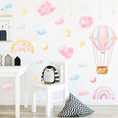 Rainbow Nursery Removable Wall Decal Sticker Hot Air Balloon Stars Home Decor • $12.84