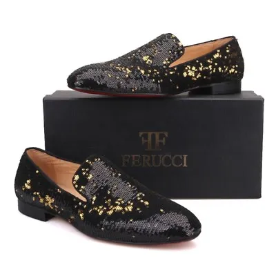 FERUCCI Black Gold Custom-made Sequins Slippers Loafers Flats • $169.99
