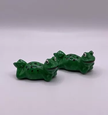 Vintage Cute Green Frog Figurines Laying Down Trinkets Lot Of 2 • $12