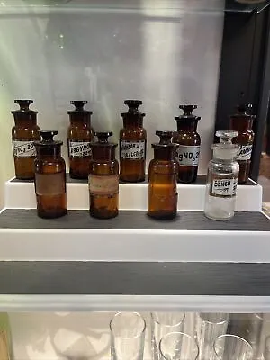 9 - Pieces 1880s LABEL UNDER Amber GLASS APOTHECARY  Med Bottles • $325