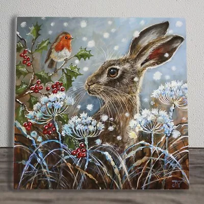 Ceramic Picture Tile  Winter Flurry Hare  By Judith Yates New Boxed 20cm X 20cm • £25.95