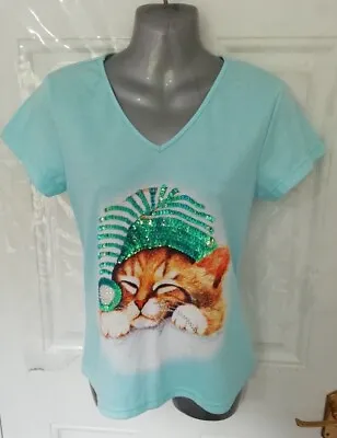 £28.99 • Buy BUTLER & WILSON Size M Pale Blue Snoozing Sleeping Cat Kitten Sequin T-Shirt Top