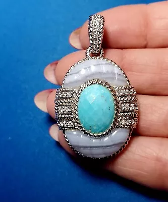 Judith Ripka Sterling Turquoise Silver Blue Lace Agate CZ Pendant Enhancer-NEW • $115.99