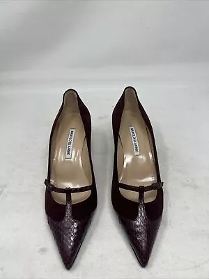 BRAND NEW Manolo Blahnik Burgundy Leather Snakeskin Stiletto Heels SZ 6.5 (z31) • $150