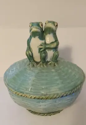 Vintage Majolica Pottery Covered Serving Bowl With Frog Finial • $220