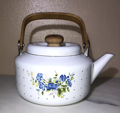 PFALTZGRAFF Vintage Tea Kettle With Wood Hand Enamel White With Blue Flowers • £33.78