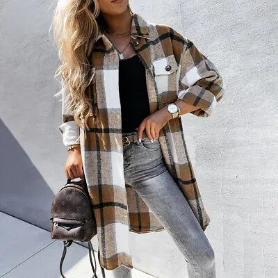 £19 • Buy Womens Baggy Plaid Long Shacket Overcoat Ladies Casual Button Long Jackets UK