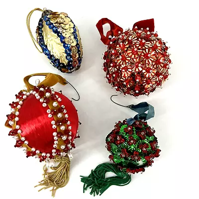 Vintage Christmas Ornaments Hand Crafted Sequin Beaded Push Pin Lot Of 4 *FLAWS* • $17.99