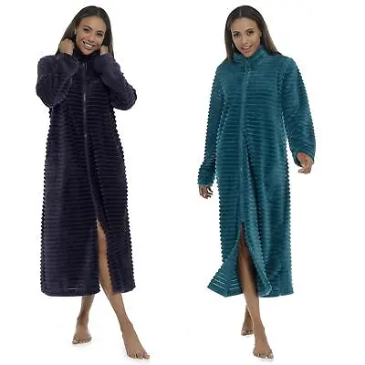 Ladies Zip Through Ribbed Fleece Robe Womens Zipped Dressing Gown Housecoat • £22.95