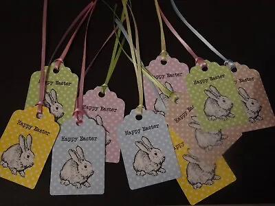 10 Mixed Polka Dot Happy Easter Bunny Gift Tag Labels With Mixed Ribbon Ties • £2.45