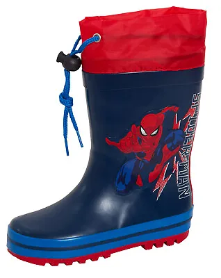 Spiderman Wellington Boots Boys Tie Top Wellies Kids Marvel Rain Snow Boots Blue • £18.95