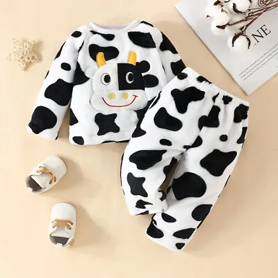 Kids Baby Boys Girls Cute Cow Fleece Outfits Winter Fluffy Pullover Tops Pants • £10.99