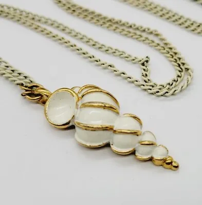 Monet Seashell Necklace Vintage Gold Tone Enamel White Chain 24 In • $13.49