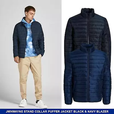 Jack & Jones Men's Stand Collar Puffer Jacket Crewneck Full Zip Black Or Navy • £23.49