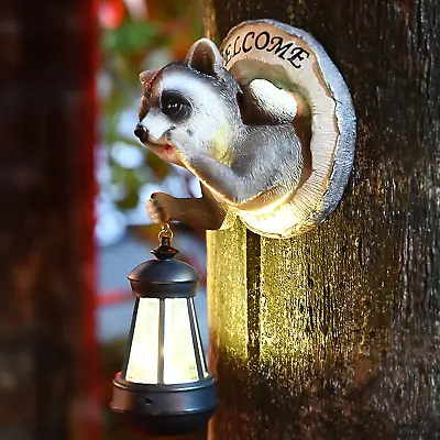 Raccoon Tree Hugger With Solar LED Lantern Welcome Sign Garden Peeker Yard Art • $28.99