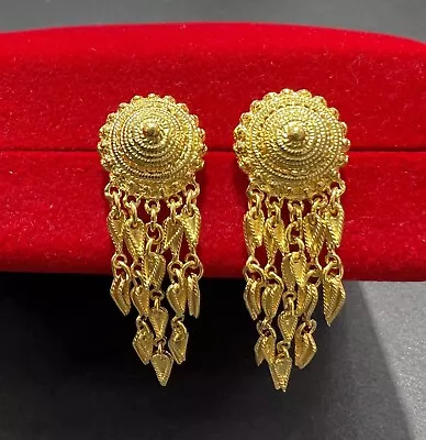 24K Solid Yellow Gold Thai/Lao/Hmong Style Dangle Stud Earrings • $1493