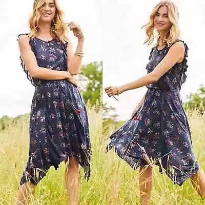 Matilda Jane Woodland Sprite Navy Blue Floral Ruffle Dress Flowy Shark Bite M • $24.50