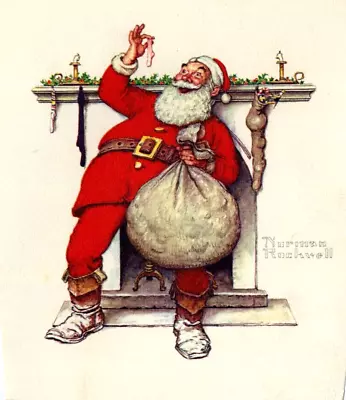 Vintage Norman ROCKWELL Santa Claus CHRISTMAS Greeting Card Front MCM Tiny Sock • $4.95