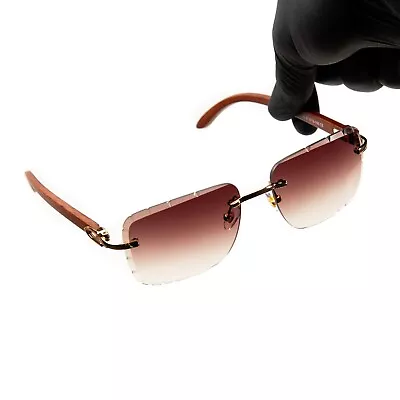 Mens Burgundy Gradient Tint Rimless Gold Frame Woodgrain Gem Cut Sunglasses • $15.99