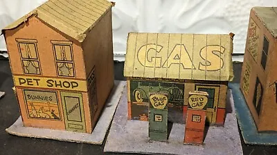 Vintage 1939 Gas Station Cardboard Toy Buildings Pet Shop Fun House Ice Cream • $72.88