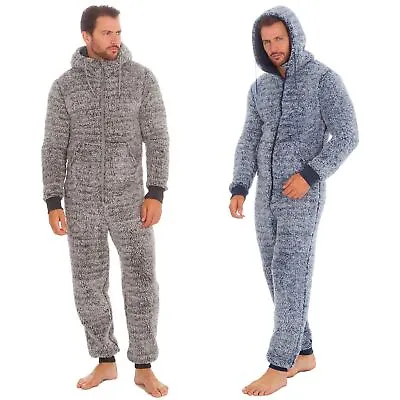 Mens All In One Frosted Sherpa Fleece Jumpsuit Pyjamas With Hood Size S-XL • £27.95