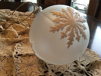 Vintage Christmas Ornament White With White Flocked Snowflake/ 5 1/2” • $20