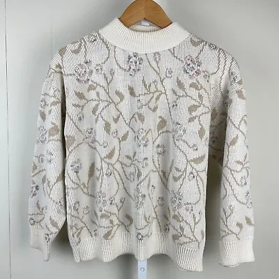 Vintage 80s Justin Allen Cream Pastel Floral Sweater Womens Medium • $21.99