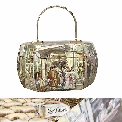 Vintage Wooden Box Purse Victorian Street Scene Signed Octagon Shape Decoupage • $68