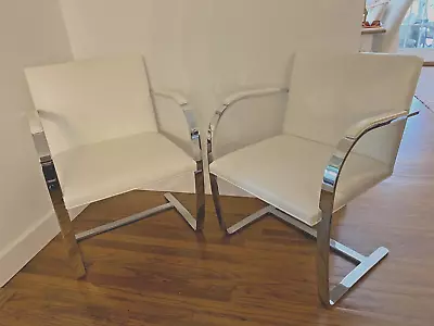 2 Showroom Model 2009 Mies Van Der Rohe Knoll Flat Bar Brno Chairs White Leather • $1850