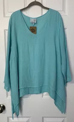 Match Point La Fixsun Linen Blouse XL Turquoise Blue Pullover Lagenlook NWT • $45