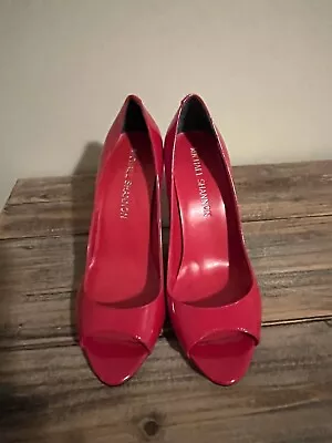 Michael Shannon Red Patent Leather High Heel Peep Toe Pumps Sz 6 Retro Vintage • $19.99