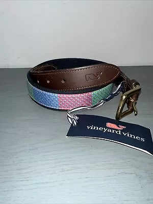 Vineyard Vines Belt Whale Leather Canvas MULTI-COLORED Preppy Ribbon Web Mens 34 • $40