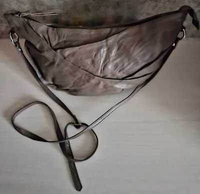 Vintage Y2K 90s Oushka Taupe Genuine Leather Shoulder Bag Hobo Cresent Style GC • £26.31