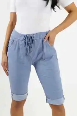 £12.99 • Buy Ladies Plus Size Italian Stretch Shorts Women's Plain Magic Comfy Turn Up Pants